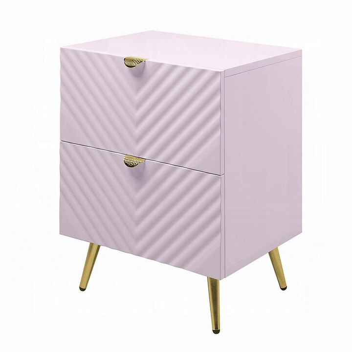 Tyra Nightstand, Geometric 2 Drawers, Gold Metal, 25 Inch Pink Wood - Benzara