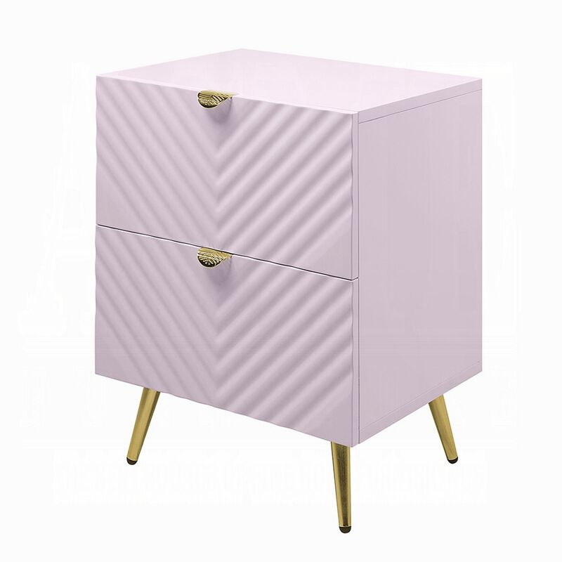 Tyra Nightstand, Geometric 2 Drawers, Gold Metal, 25 Inch Pink Wood - Benzara