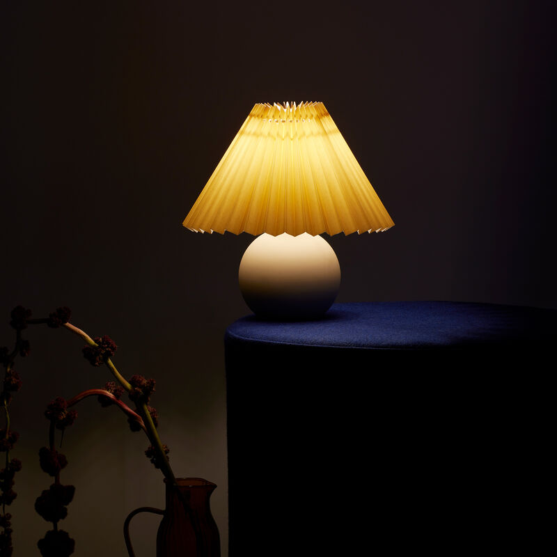 Brightech Serena Ceramic LED Table Lamp - Retro Asian-Inspired Orange Globe Base with Cream Pleated Shade - Compact, Energy-Efficient Light for Rustic, Boho, and Eclectic Decor