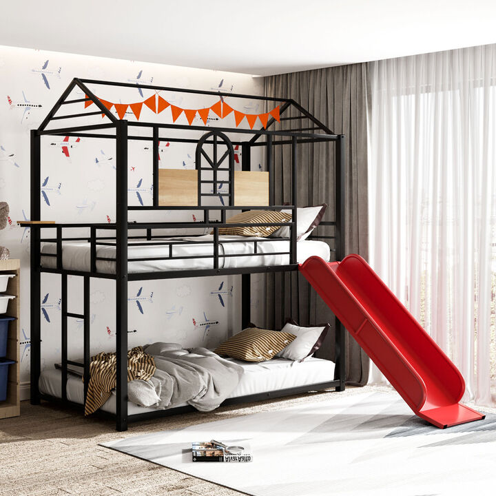 Twin Over Twin Metal Bunk Bed, Metal House Bed With Slide, Threes Available