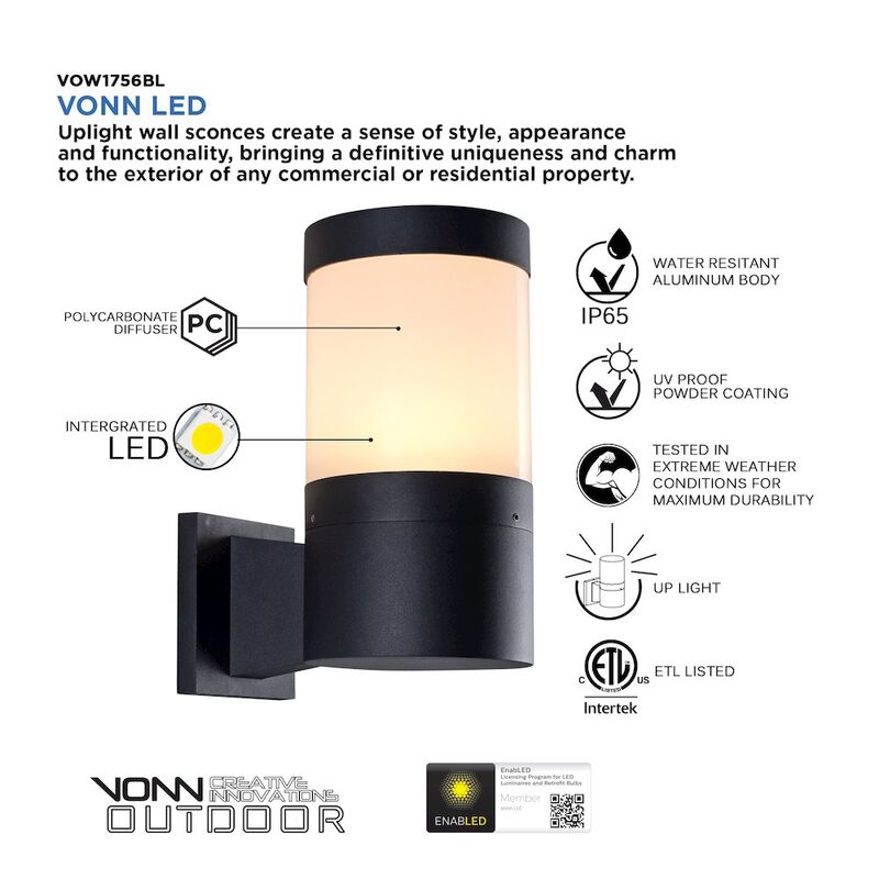 VONN Lighting Modern VOW1756BL 5-Watt Integrated LED Outdoor Wall Sconce in Matte Black