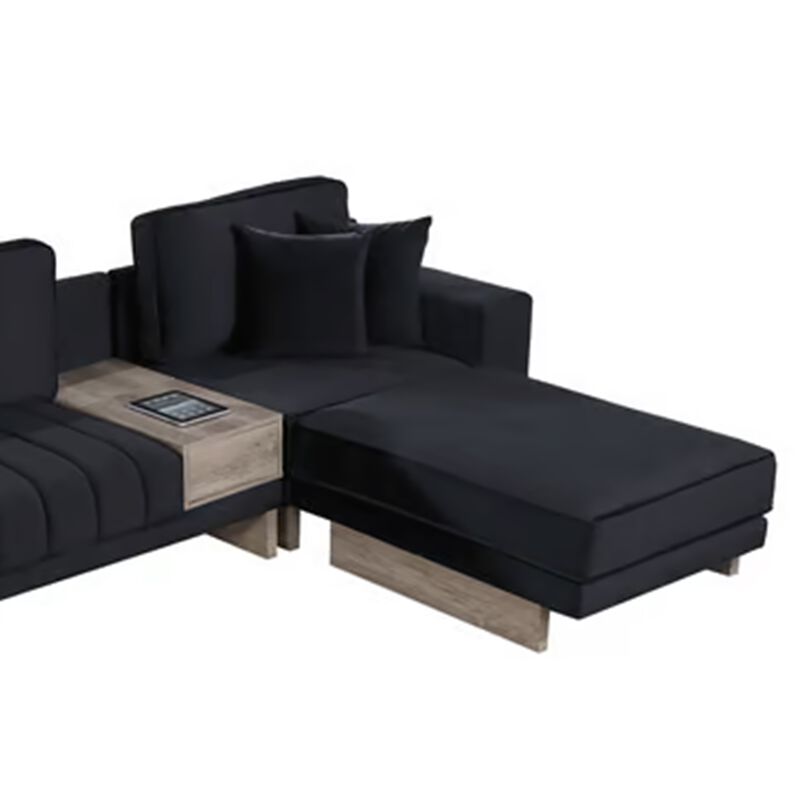 Phsy 123 Inch Modular Sectional Sofa with Storage Table, USB, Black Velvet - Benzara