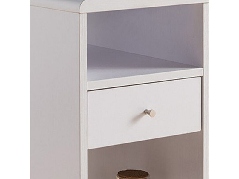 20 Inch Rolling Chairside Table, Single Drawer, 2 Open Shelves, Crisp White - Benzara