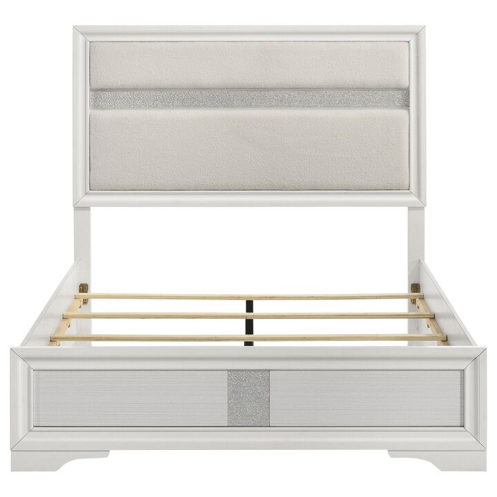 Vino Full Size Bed, Panel Headboard, White Upholstery, Glitter Stripes - Benzara