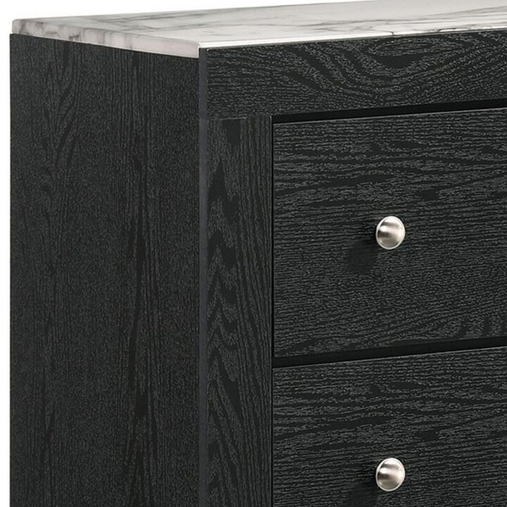 Yoh 47 Inch Tall 4 Drawer Dresser Chest with Marble Top, Metal Knobs, Black-Benzara