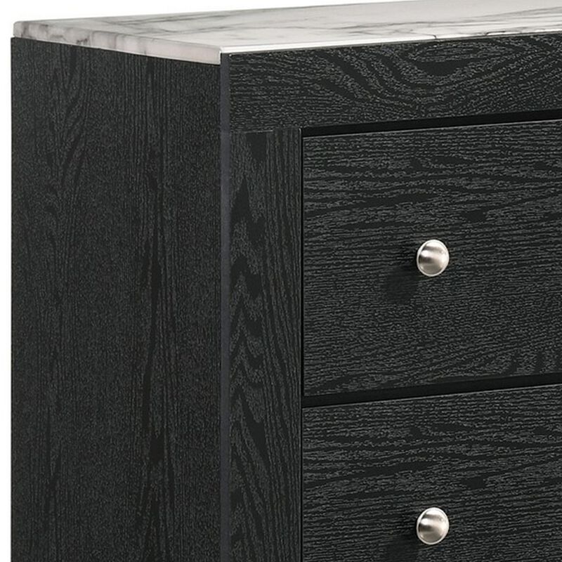 Yoh 47 Inch Tall 4 Drawer Dresser Chest with Marble Top, Metal Knobs, Black-Benzara