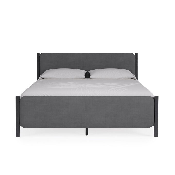 Cave Full Bed, Velvet Upholstery, Squared Posts, Dark Gray Mahogany Wood - Benzara