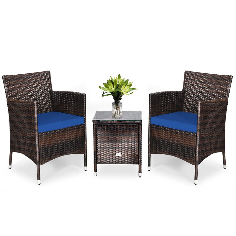 3 Pieces Ergonomic Wicker Patio Conversation Set-Navy