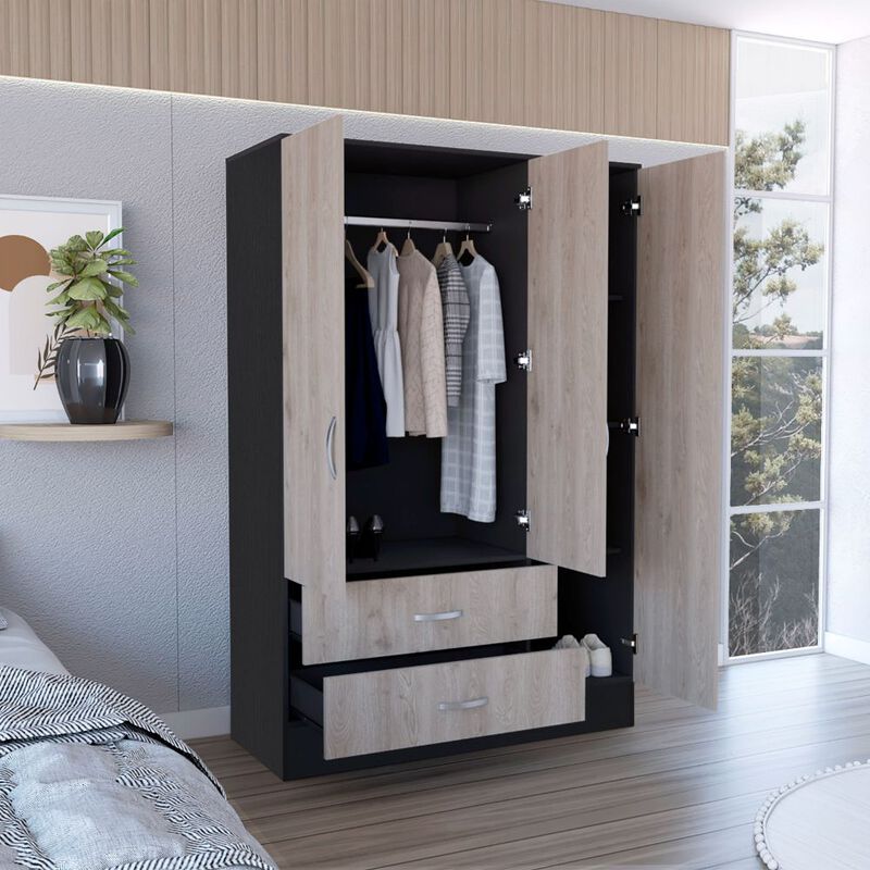 DEPOT E-SHOP Gangi 120 Mirrored Armoire, Double Door Cabinet, Two Drawers, Metal Hardware, Rods, Four Shelves, Black / Light Gray