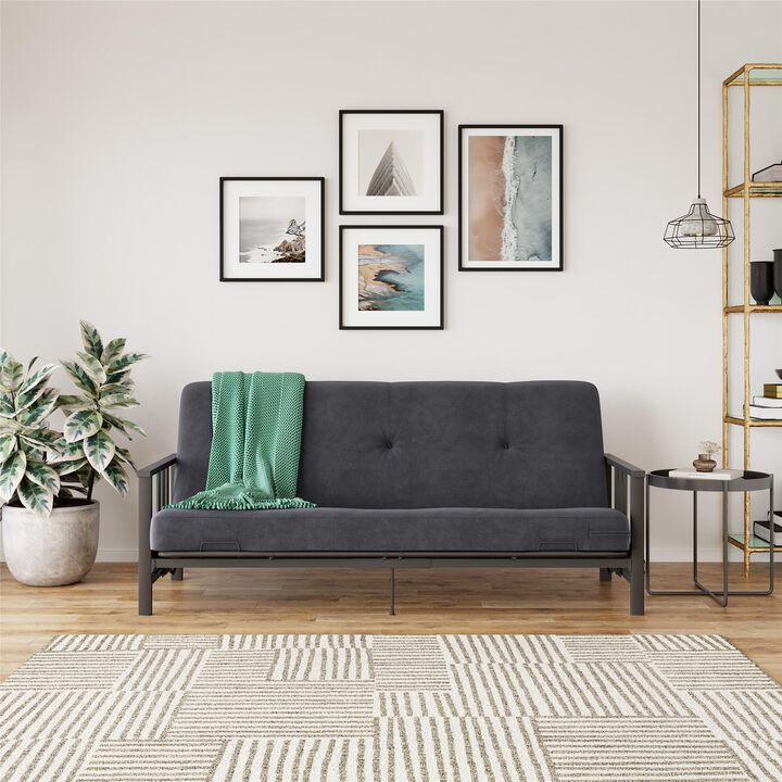 Atwater Living Halo Metal Arm Futon, Black Frame with 6" Gray Microfiber Mattress