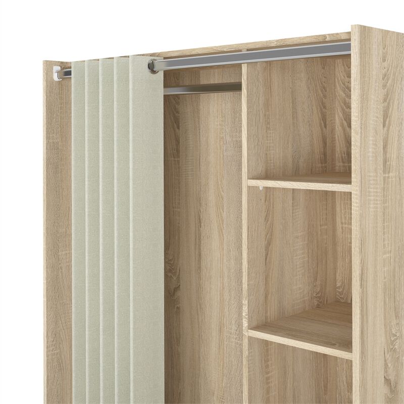Tvilum Lola 3 Bin Wardrobe with Curtain, Oak Structure/Natural Fabric/Grey Textile