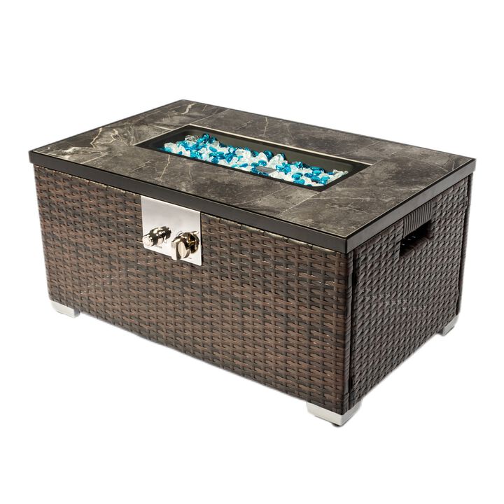 Mondawe Outdoor Rattan Fire Pits, Gas Fire Table With Tiled Tabletop