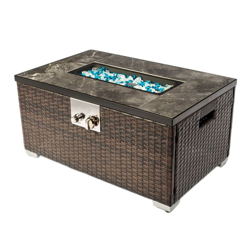 Mondawe Outdoor Rattan Fire Pits, Gas Fire Table With Tiled Tabletop