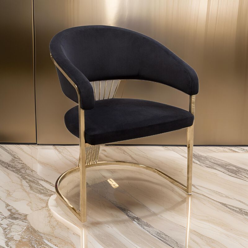 Emy 26 Inch Cantilever Barrel Dining Chair, Black Velvet Upholstery, Gold - Benzara