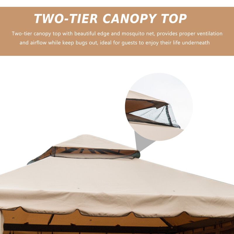 Khaki Backyard Haven: 10'x10' Gazebo with Netting & Double-Vented Roof