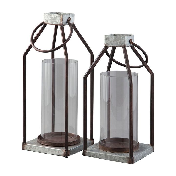Geometric Lantern with Glass Hurricane, Set of 2, Black and Gray-Benzara