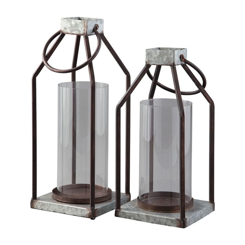 Geometric Lantern with Glass Hurricane, Set of 2, Black and Gray-Benzara