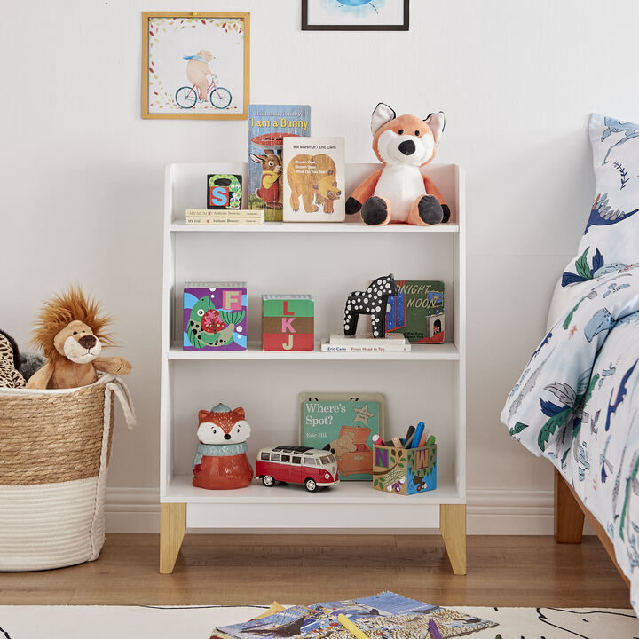 Steiner White 3-Tier Kids Book or Toy Figure Display Unit Freestanding Bookshelf with Contrasting Wood-Toned Legs