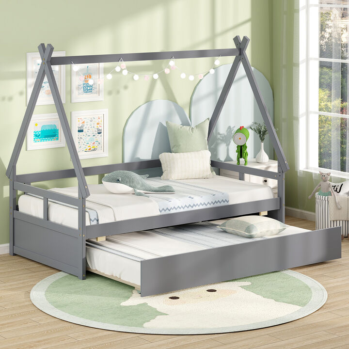 House Bed with Trundle and Safety Guardrail