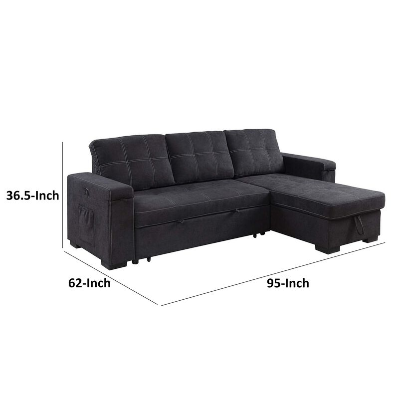 Oby 95 Inch Reversible Sleeper Sectional Sofa, Storage Chaise, USB, Black - Benzara