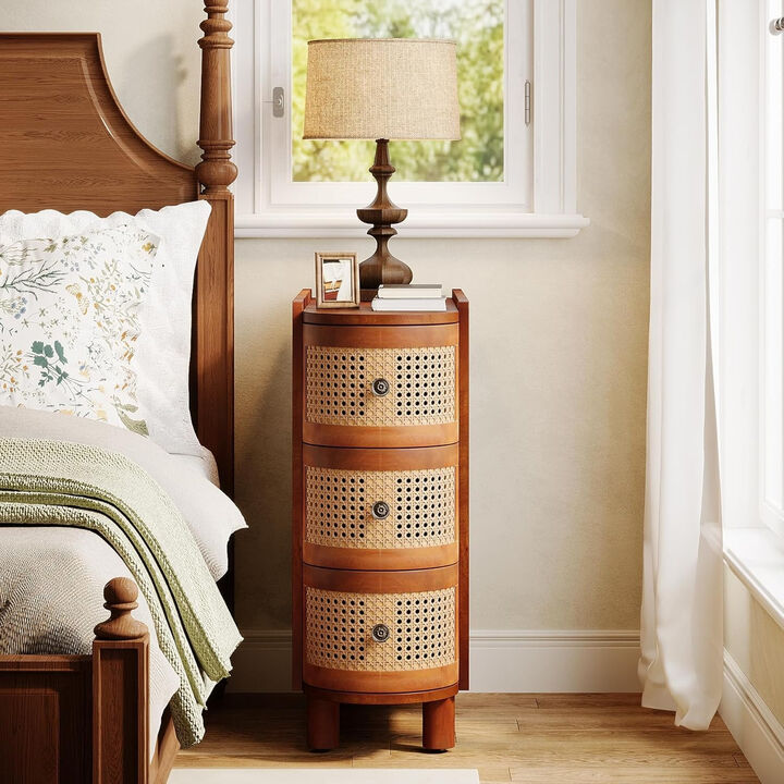 Office Reception Desk, 3-Drawer Rattan End Table, Sofa Side Table with Vintage Embossed Handles, Slim Nightstand for Living Room, Bedroom