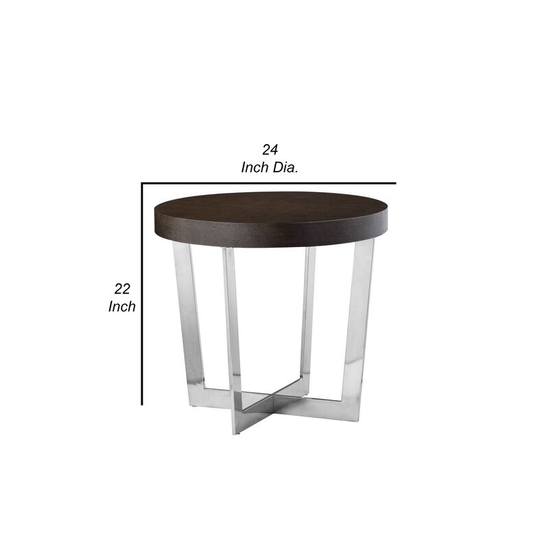 Tini 24 Inch Side End Table, Round Shaped Top, Metal Frame, Espresso Brown - Benzara