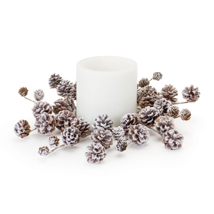 Snowy Pine Cone Candle Ring for Winter Holiday Decor and Festive Ambiance (Set of 2)
