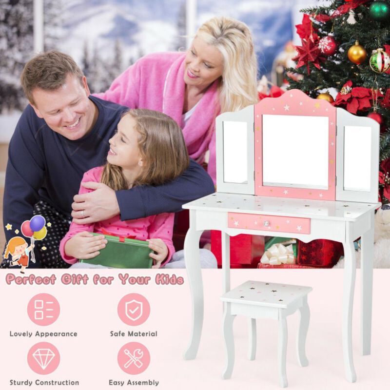 Hivvago Kids Princess Vanity Table and Stool Set with Tri-folding Mirror and Drawer