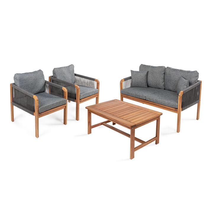 Tavira 4-Piece Modern Bohemian Acacia Wood Outdoor Patio Set with Cushions and Plain Decorative Pillows