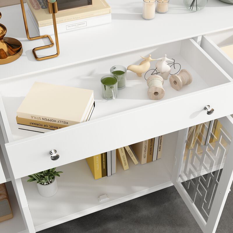 FUFU&GAGA White Buffet Cabinet with Storage & Drawers, MDF & Tempered Glass Construction (55.1" W x 35.4" H x 15.7" D), White