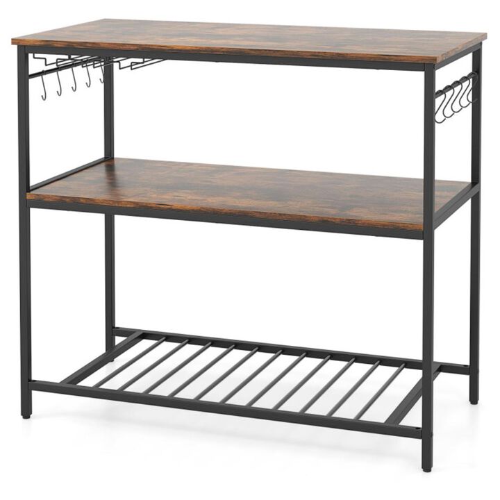 Hivvago 3 Shelves Kitchen Island Industrial Prep Table with Bottom Wine Rack-Rustic Brown