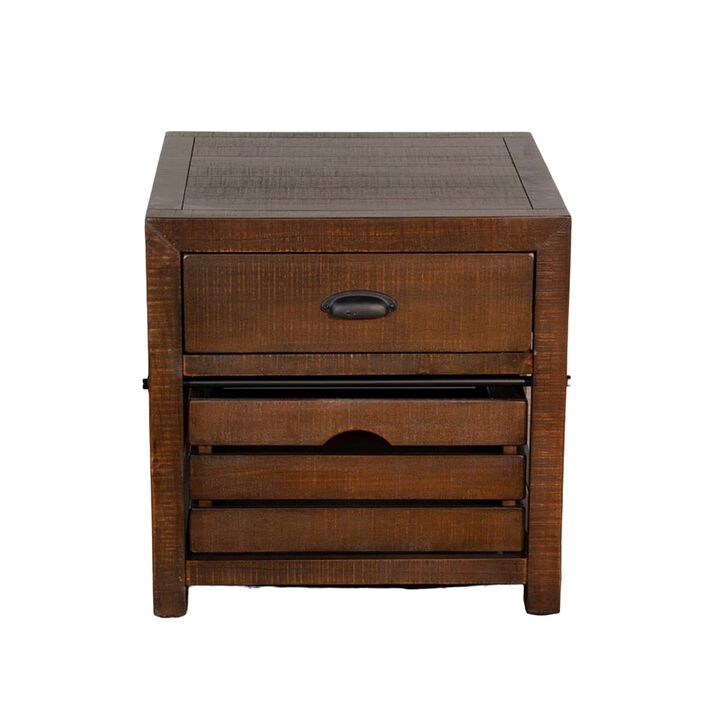 Flint End Table, 1 Drawer, 1 Crate, Dark Brown Mahogany Wood, 26 Inch - Benzara
