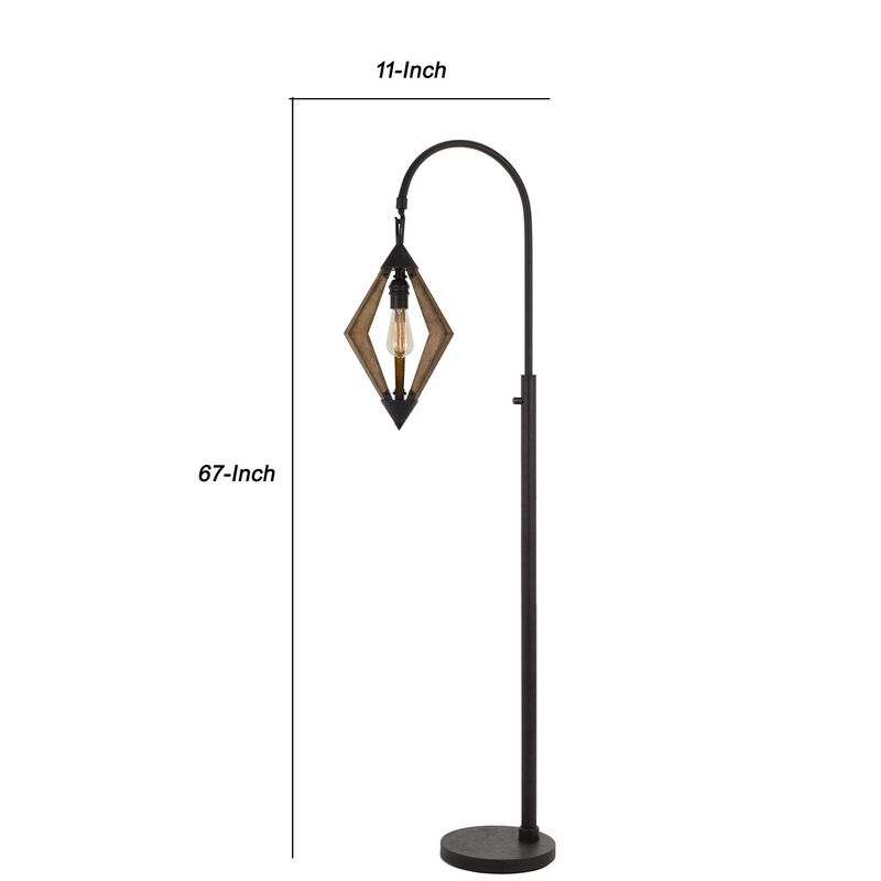 Tubular Metal Downbridge Floor Lamp with Wooden Accents, Black-Benzara