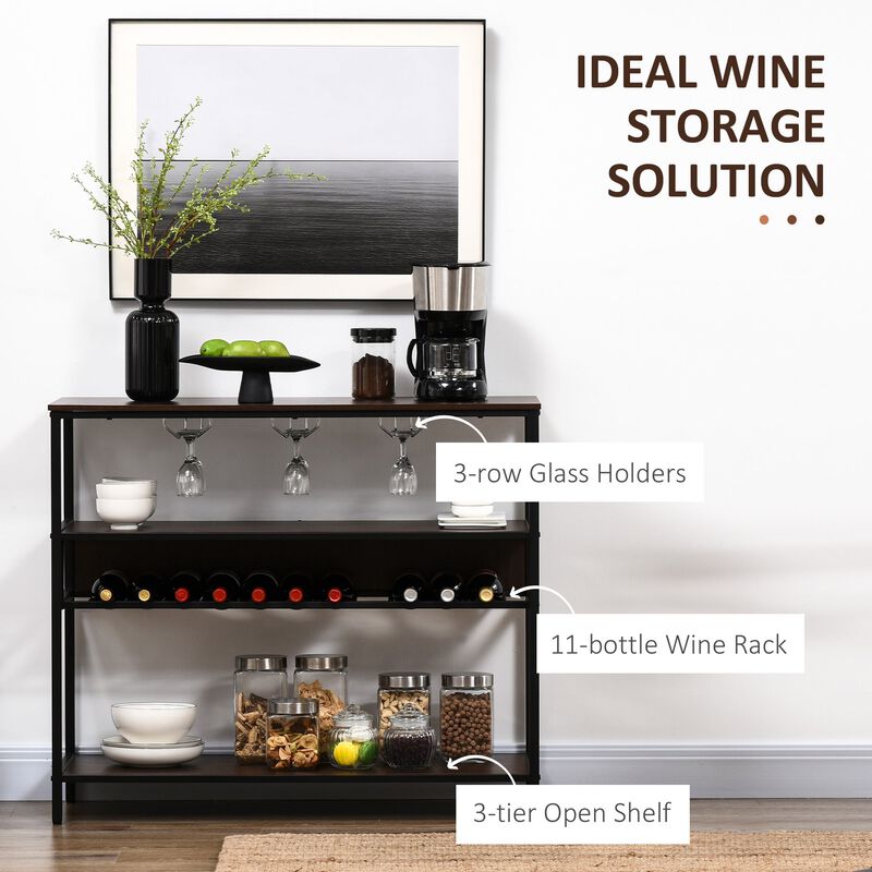 Dark Brown Wine Storage: Industrial 11-Bottle Rack with Glass Shelf