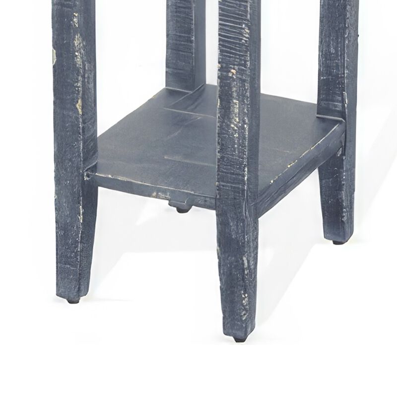 Rena Chairside Table with Drawer and Shelf, 14 Inch Blue Mahogany Wood - Benzara