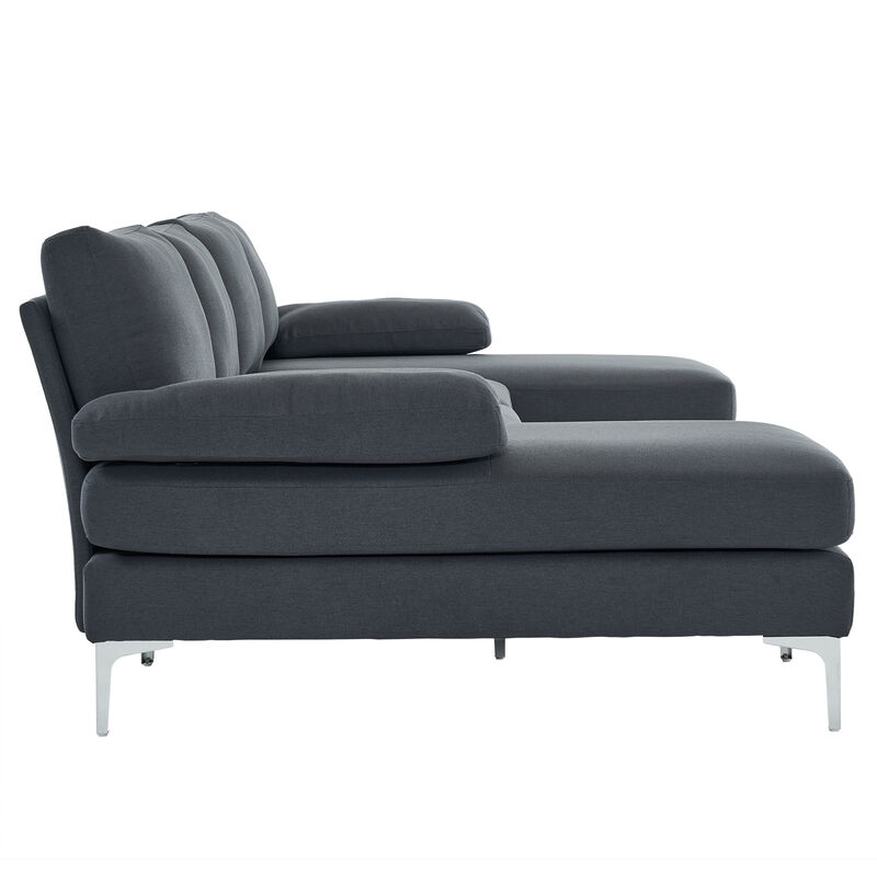 4-Seater U-Shaped Indoor Modular Sofa, Linen Seat with Wooden & Iron Frame, Gold Feet