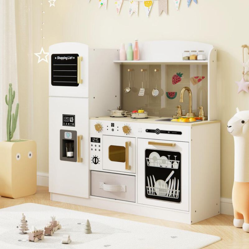 Kids Kitchen Playset with Chalkboard, Ice Maker, Sink, and Lighted Microwave for Pretend Play