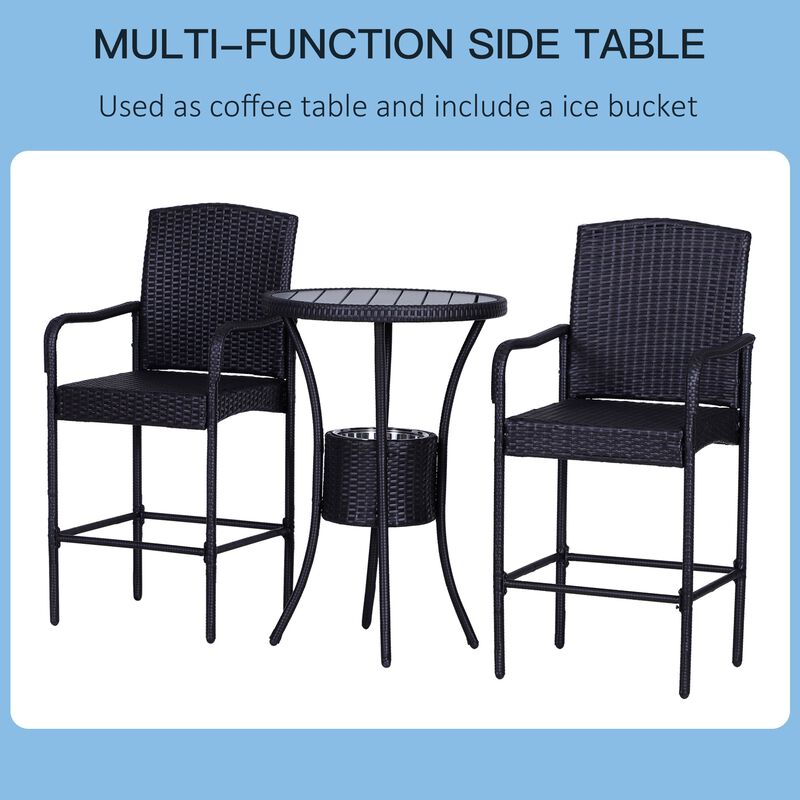 Alfresco Bar Trio: 3PC Rattan Wicker Set with Ice Buckets, Table & Stools