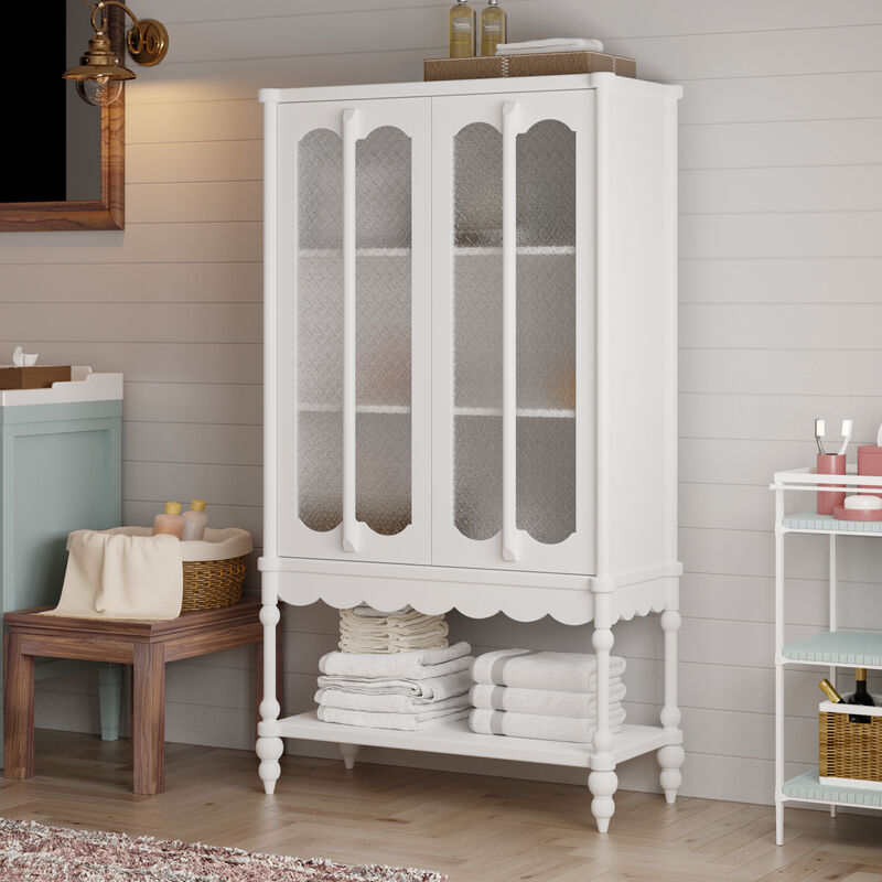 FUFU&GAGA Elegant White Bathroom Storage Cabinet – 2 Glass Doors & Open Shelf, Sturdy MDF Bathroom Organizer (34.8" W x 15.7" D x 62.2" H), White