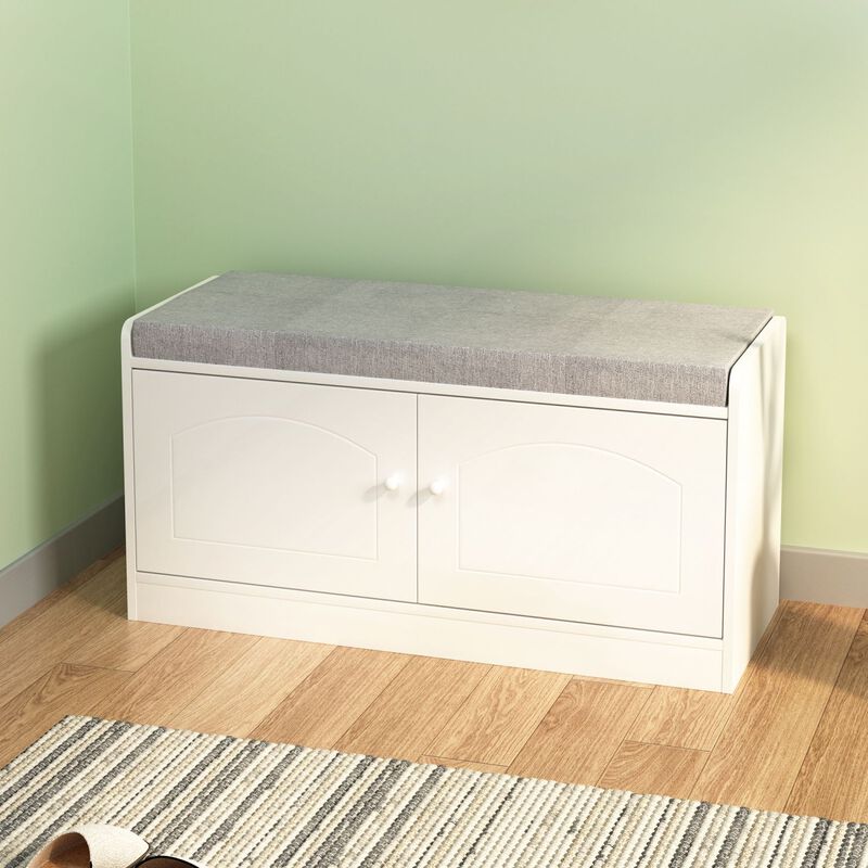 Shoe Storage Bench with 2 Door Cabinet, Entryway Bench with Shoe Storage, Shoe Bench with Cushion, Adjustable Shelves, Shoe Rack Bench for Entrance, Hallway, Bedroom, White+Gray