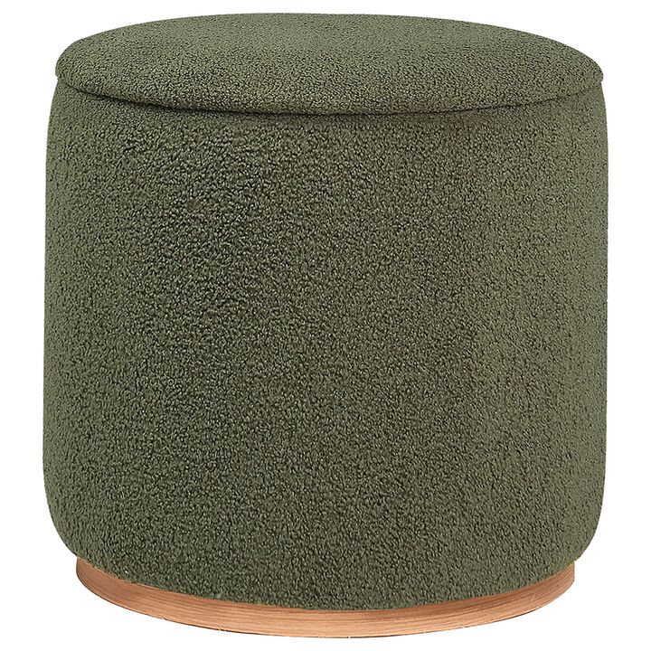 Zia 19 Inch Ottoman, Green Faux Sheepskin Upholstery, Round Platform Base - Benzara