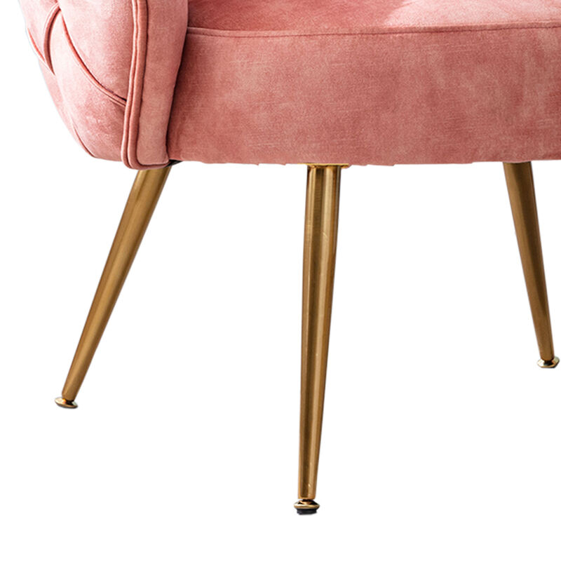 Anvi 30 Inch Accent Chair, Curved Back, Woven Diamond Pattern, Pink, Gold-Benzara