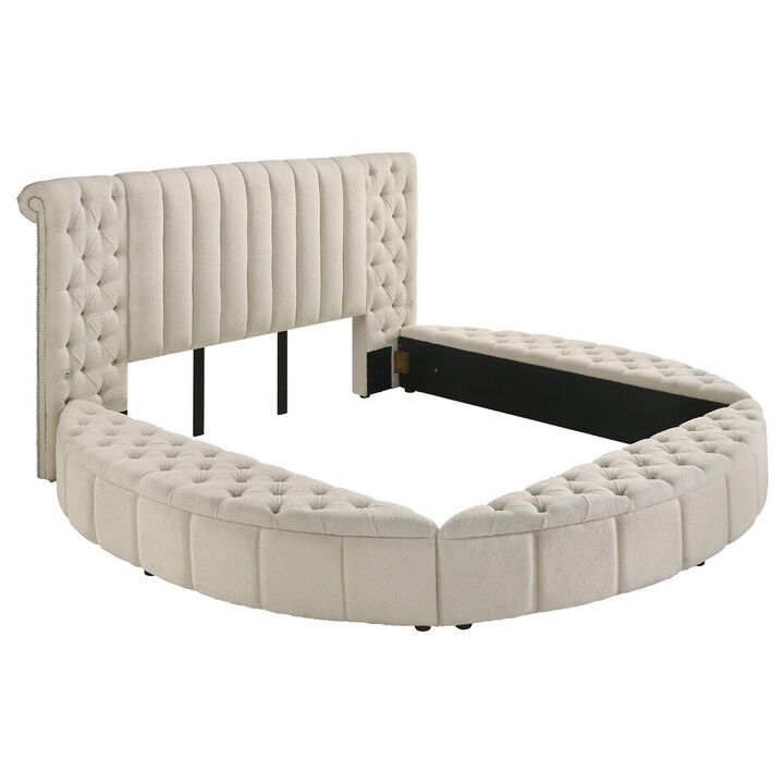 Neya King Round Bed with Storage, Wingback, Ivory Boucle Upholstery - Benzara