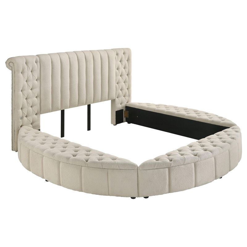 Neya King Round Bed with Storage, Wingback, Ivory Boucle Upholstery - Benzara