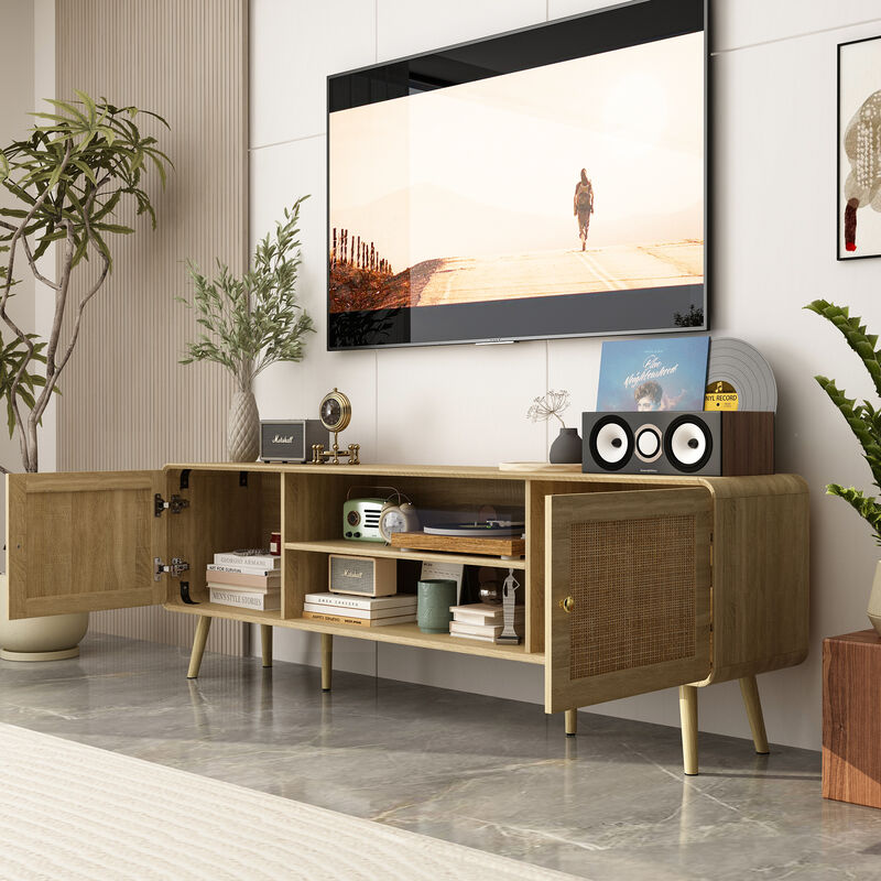 FUFU&GAGA Modern Rattan TV Stand with Storage Cabinets & Shelves, Gold Accents (70.9" W x 13.9" D x 23.2" H),Natural Wood Finish