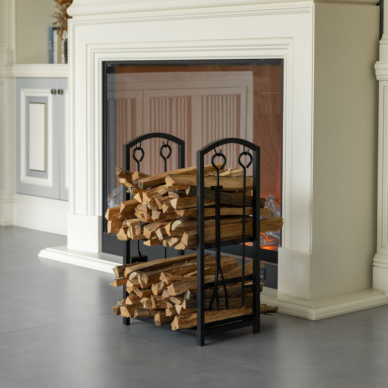 Indoor and Outdoor Patio Iron Firewood Log Cart with Fireplace Tool Rack, Black