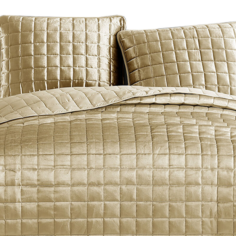 3 Piece King Size Coverlet Set with Stitched Square Pattern, Gold-Benzara
