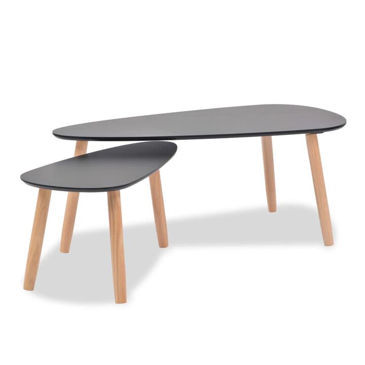 2 PIece Accent Coffee Table, Nesting, Black MDF, Brown Tapered Legs - Benzara