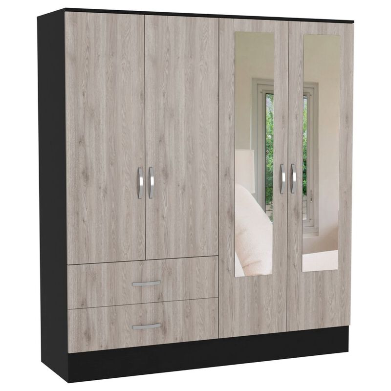 DEPOT E-SHOP Gangi 160 Armoire, Double Door Cabinet , Two Mirrors, Metal Hardware, Two Drawers, Rod, Six Shelves, Black / Light Gray