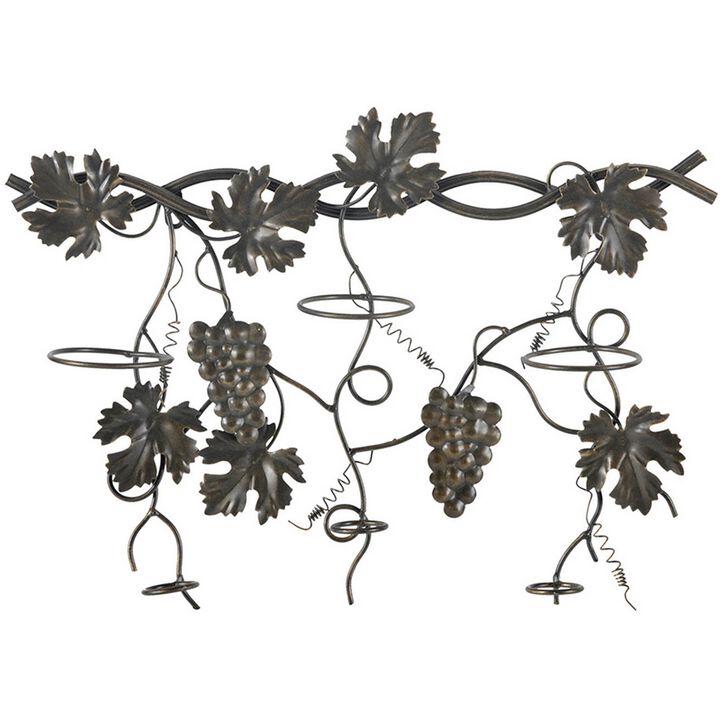 22 Inch Wall Hanging Wine Rack, Grape Bottle Stand, Black Metal - Benzara